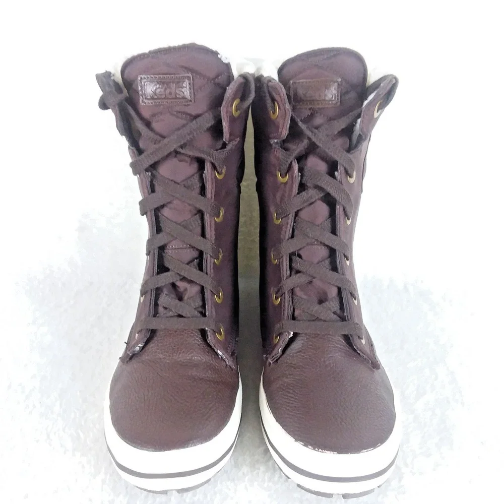 Keds Droplet Leather Canvas Dark Brown Winter Boots Fleece Lined‎ Women's 8.5